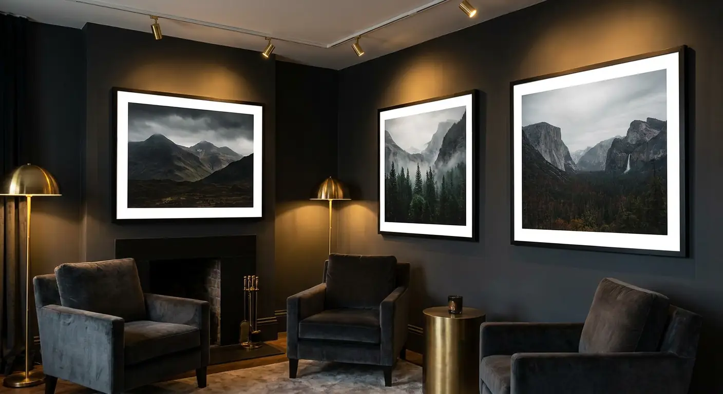 Three large framed fine art landscape photography prints hanging on walls in elegant dark interior rooms, gallery-style display, luxury home decor, warm ambient lighting