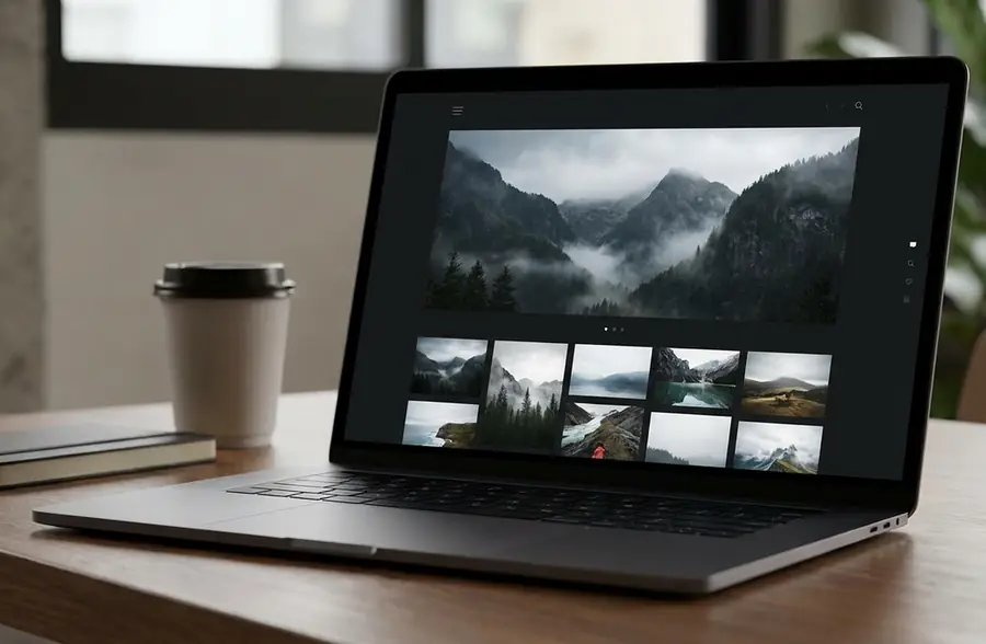 Laptop screen showing an elegant dark photography portfolio gallery website with a large mountain landscape photo displayed beautifully