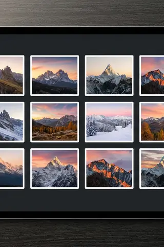 Tablet screen showing a photography gallery grid with multiple landscape mountain photos arranged elegantly on a dark background